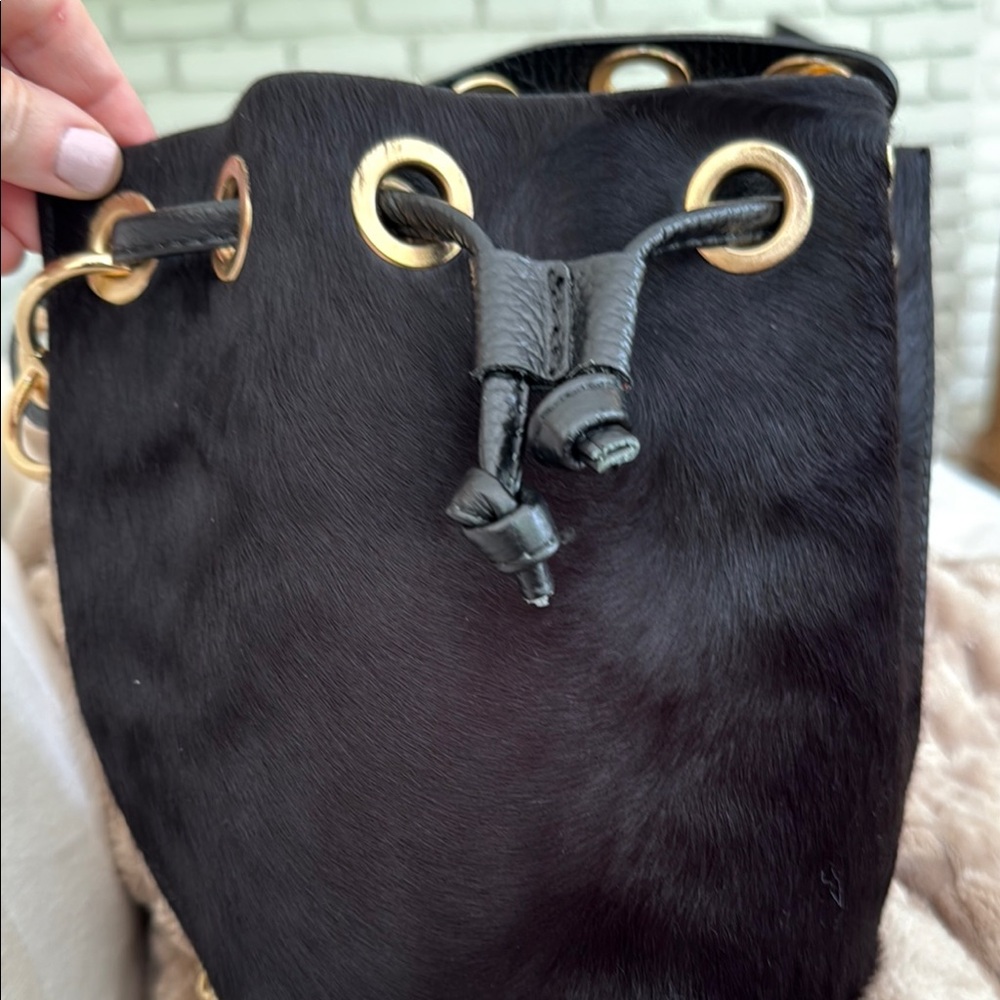 Chic Black Leather Drawstring Bucket Purse - image 1